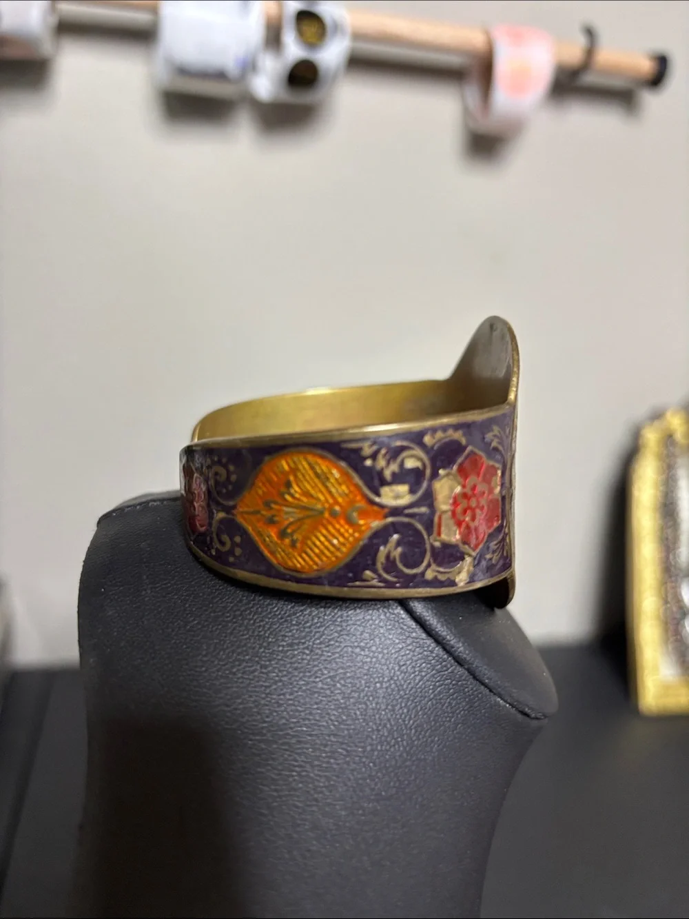 Vintage Chinese Cloisonne Enamel Floral Cuff Brass Bracelet Purple Orange
